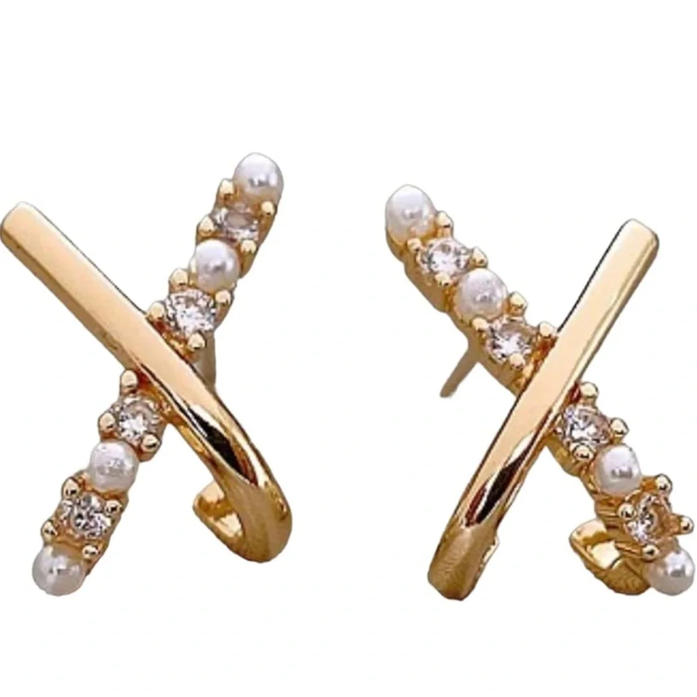 Gold Plated Cross Shaped Pearl and Zircon Stud Earrings - Picture 3 of 9